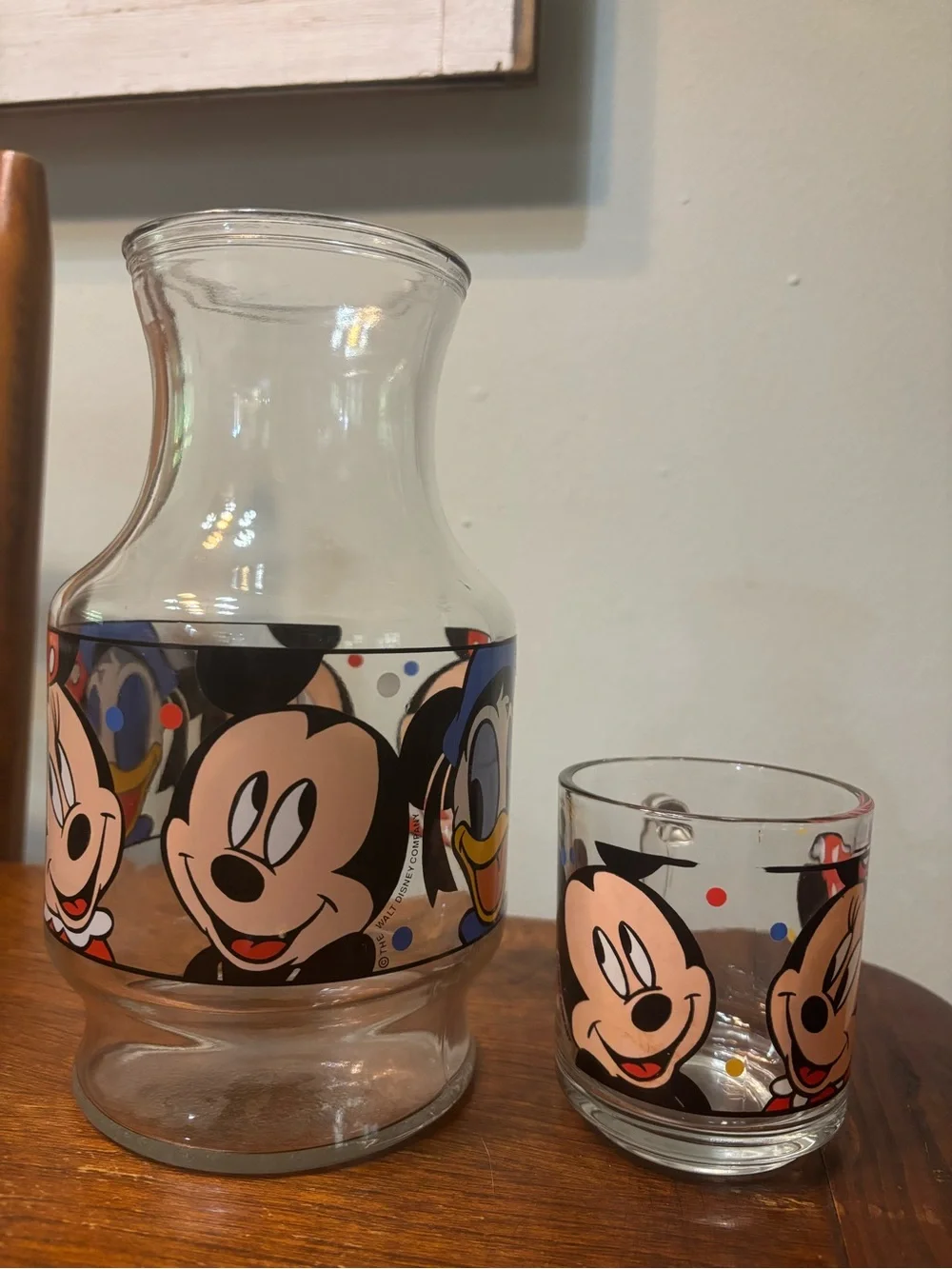 1980’s Minnie & Mickey Glass Carafe and Mug Set - Clear Glass with Red Accent